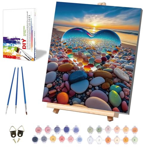Malen Nach Zahlen Erwachsene Kristall Herz (mit Rahmen Leinwand-mit Holzstaffelei)-DIY Landschaft Handgemalt Ölgemälde Kit für Anfänger, Mit Schöne Geschenkbox Handgemalt öLgemäLde Kit, Large 40x50cm