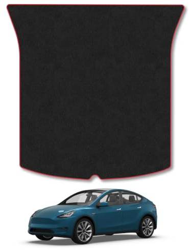 Tesla Model Y (2022+) Carpet Boot Mat | Red Edge Trim Tailored Fit Boot Liner Full Coverage Protection Accessories Easy Clean Anti Slip Made in the UK
