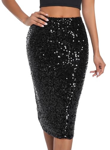 BALAYSIER Damen Glitzer Rock mit Futter Elastische Taille Pailletten Rock Midi Bleistiftrock für Bankette und Partys(Schwarz,L)