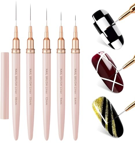 WeddHuis Pinceles Finos para Diseño de Uñas, Decoración, Manicura, Líneas y Pintura en Gel, Acrílica Profesional, Set para Nail Art, Uñas Francesa, 5 Piezas (6/9/12/15/18 mm) (Rosa)