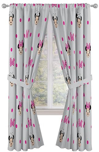 Jay Franco Window Curtains for Kids Bedroom 4-Piece Drape Set with 2 Tiebacks, Grey - Minnie Mouse, 42 W x 84 L (Pack of 2)
