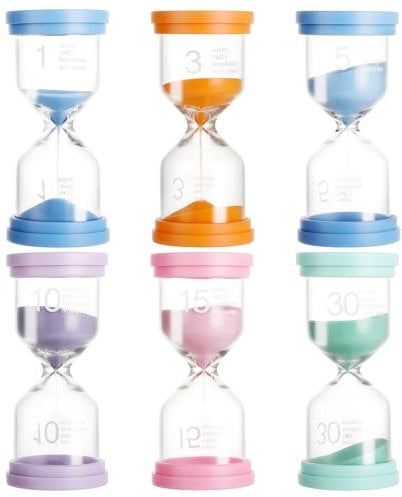 6 Stück Sanduhren Set – 1/3/5/10/15/30 Minuten Timer – Bunte Sanduhren in Macaron-Farben für Lernen, Spielen, Zähneputzen, Schule, Küche, Büro, Zuhause
