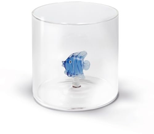 WD Lifestyle - Bicchiere in Vetro Borosilicato 250ml con Soggetto in Vetro Colorato Interno (Pesce Azzurro)