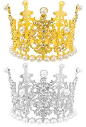 2PCS Gold Silver Crown Cake Decoration, Pearl Rhinestone Crown Cake Topper Adornment Mini Tiara Birthday Cake Decorations for Birthday Party Wedding