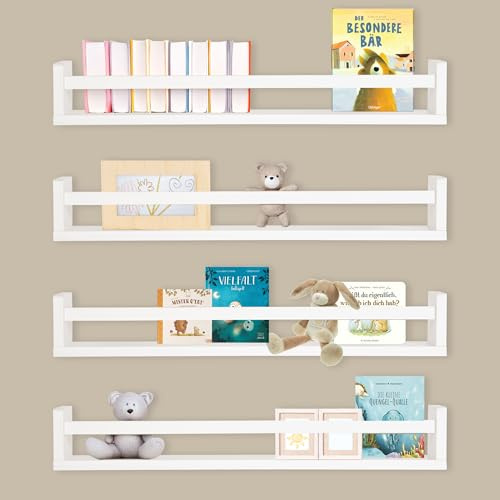 ONVAYA Étagère murale, blanche, 60 cm, bois massif naturel, installation facile, lot de 4, étagère murale en bois
