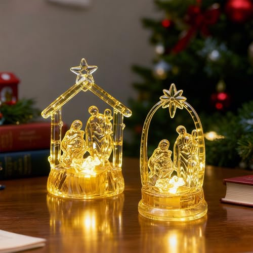 2 Stück Weihnachtskrippe mit Beleuchtung Weihnachtskrippen Indoor Tischkrippe mit Figuren Krippe Weihnachten aus Acryl Weihnachten Advent Winter Tisch Deko Weihnachtsdekoration