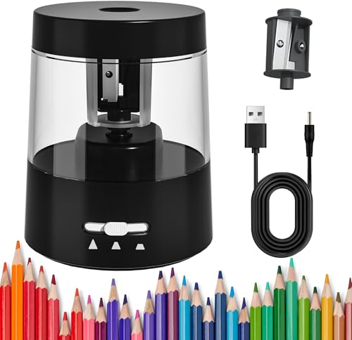 ZMOL Electric Pencil Sharpener, USB Powered & Battery Operated, Black | Non-Rechargeable, 3 Tip Settings, for 6-8mm No.2/HB & Coloured Pencils, Auto Stop, Large Container, School/Home/Office