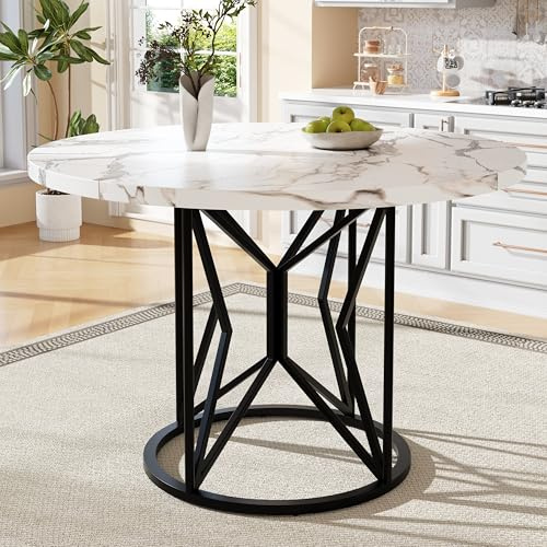 ModernLuxe Table à Manger Ronde 100×100 cm, Plateau MDF Imitation marbre, Pieds métalliques géométriques Noirs