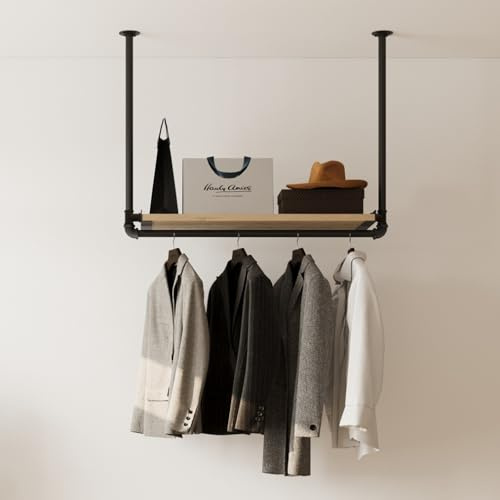 RSR Hangers Kleiderstange Garderobe MIK II Industrie Design für Decke Kiefernholzablage | Breite 70 cm x Höhe 70 cm | Deckengarderobe | Garderobenstange | Ankleidezimmer | Schlafzimmer | Flur