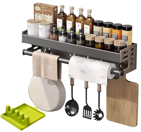 RETSAMV Portaspezie senza foratura, da parete 30/40/50 cm, organizer da cucina in alluminio, mensola da parete con 5 ganci, portasciugamani e porta coperchio verde, per cucina e bagno (50 cm)