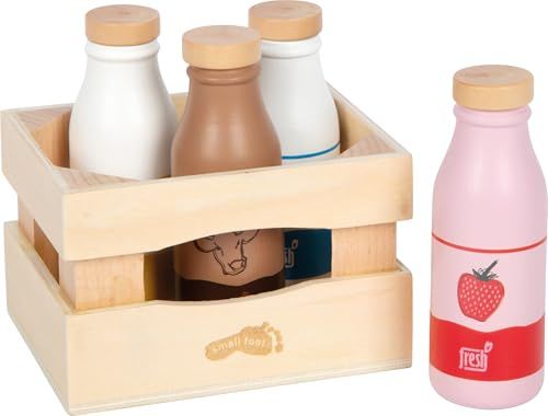 Small Foot Caisse de Boissons lactées « Fresh », Quatre Bouteilles en Bois avec différents Types de Lait, pour Enfants à partir de 2 Ans, 12820