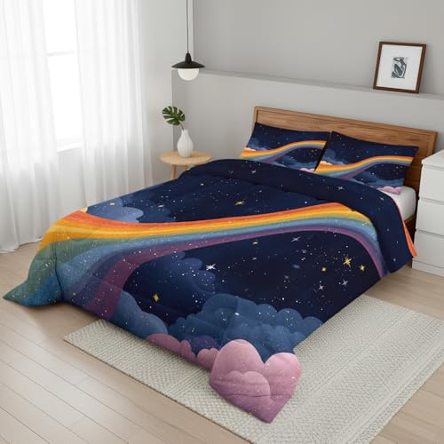 Regenbogen Bettdecke 135x200 4 Jahreszeiten, Himmel Sterne Kinder Bettdecke Ohne Bezug Warm Steppdecke Ganzjahresdecke Mit Kissenbezug, Schlafzimmer Deko Regenbogen