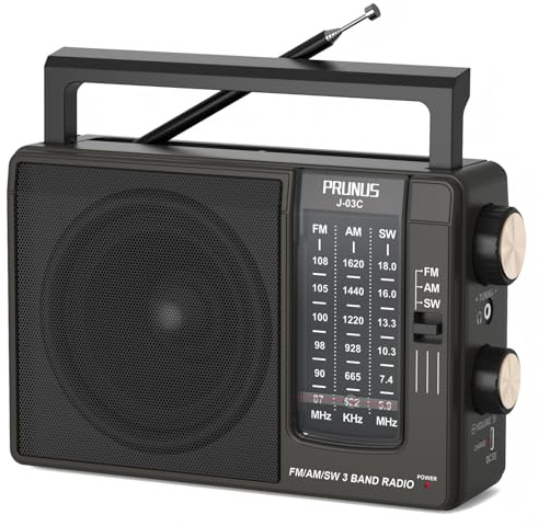 PRUNUS J-03C Battery Radio Portable FM/AM/SW, USB-C Charging & Battery Operated, Transistor Radio with Large Speaker, Excellent Reception, Headphone Jack, for Elderly, Emergency, Camping, Home