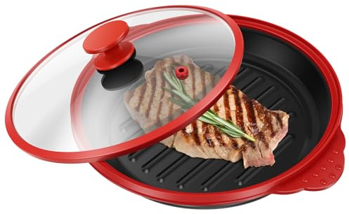 WHQLANG Microwave Grill Pan with Lid, Microwave Griller & Crisper Pan for Grilling, Frying, Browning and Crisping, Bacon Cooker Cookware for Grill Meat, Sandwich & Vegetable Dishwasher Safe