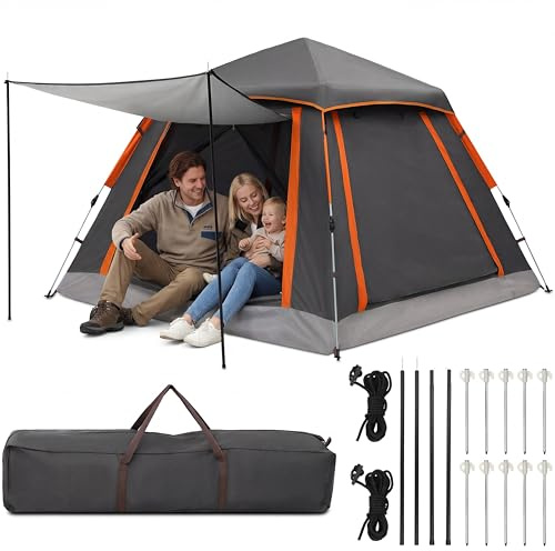HAUSPROFI Pop Up Tent Automatic, 3-4 Man Camping Tent Waterproof Glow-in-the-Dark Pegs, Bug Netting & Convertible Door for Shade/Rain Protection (Grey)