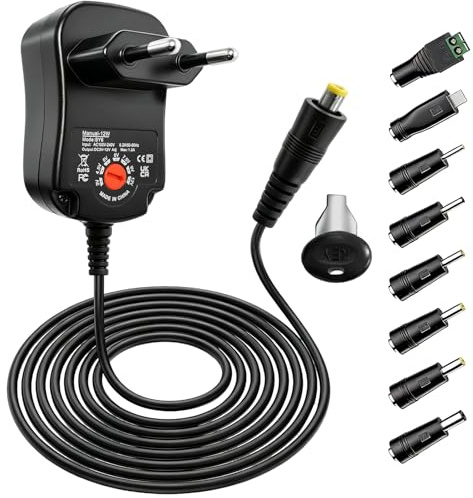 12W Adaptateur Secteur Universel AC DC 3V 4,5V 5V 6V 7,5V 9V 12V 1,2A | avec 8 Connecteurs DC Contient USB-B Transformateur Chargeur Multi-Tension pour l'électronique Domestique
