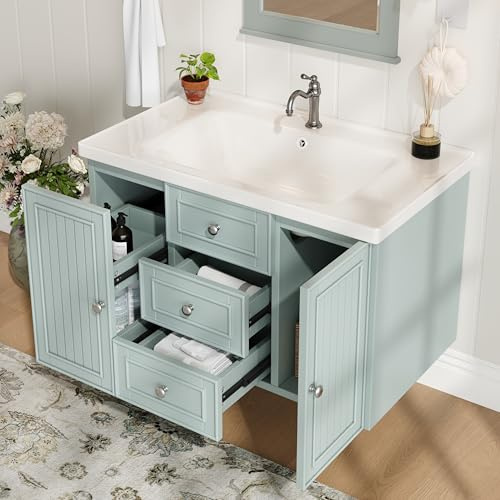 Ktipm Mueble Baño de Pared con Lavabo y Almacenaje, Muebles de Baño con 3 Cajones y 1 Puerta, Lavabo con Mueble, Muebles Auxiliares Armario de Baño, 81x46x50.3 cm, Verde