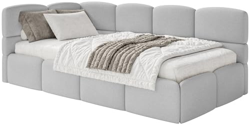 Selsey Jugendbett 120x200cm Hellgrau Chenille Stoff mit Matratze und Lattenrost, Polsterbett mit Stauraum und Bettkasten, gepolstertes Kinderbett 120x200, Jugendbett linksseitig mit Eckkopfteil