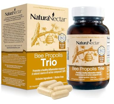 NaturaNectar - Bee Propolis Trio Capsules, NSF Certified Premium Brazilian Propolis - Gluten-Free Supplements with More Diverse Flavonoids & PWE - Naturally Sourced Through Ethical Beekeeping (60pcs.)