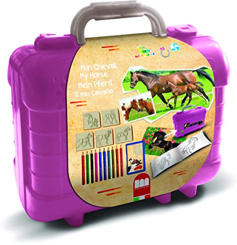 Multiprint Tashe Travel Set Cavalli, Made in Italy, Malbucher, mit Puzzles und Buntstifte, Stempelset Kinder, in Holz und Naturkautschuk, Ungiftige Waschbare Tinte, Geschenkidee, Art.42895