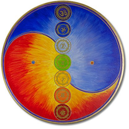 Wandbild Yin Yang mit 7 Chakra Symbolen - Größe 80 cm rund - HANDGEMALT - Acrylfarbe auf Leinwand - gespannt auf runden Keilrahmen - Made in Germany