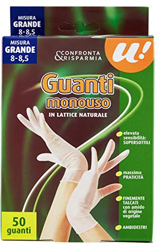 U! Confronta & Risparmia Guanti Monouso In Lattice Naturale Misura Grande 8-8,5, 50 Pezzi