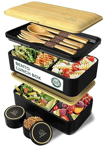 Umami Bento Lunch Box, Couverts & 2 Pots à Sauce Inclus, Boîte Repas Encastrable, Lunchbox Micro-Ondable Boîte à Lunch Adulte Compartimentée, Bento Box Noir Onyx & Beige, 1500 ml