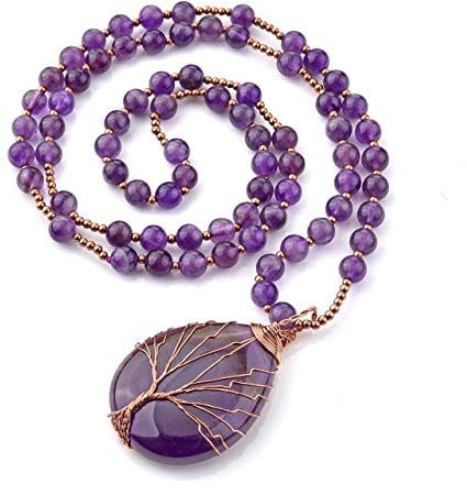 JOVIVI Raw Amethyst Crystal Tree of Life Necklace Women Prayer Mala Meditation Beads Natural Purple Gemstone Healing Chakra Long Necklace Men Jewellery