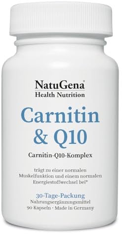 NatuGena Carnitin & Q10, L-Carnitin, fördert die Muskelfunktion und Energeistoffwechsel, 90 Kapseln (1 Monats Packung)