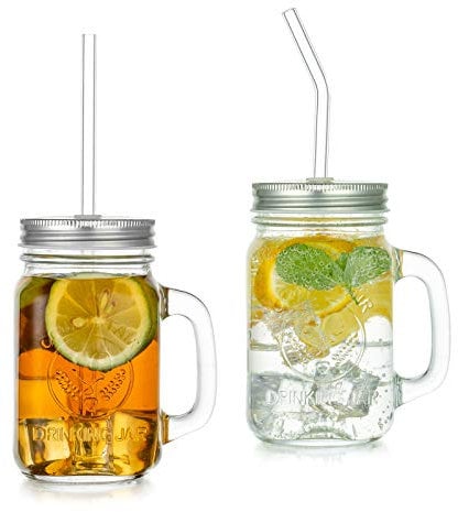 Glas Trinkgläser Mit Deckel und Strohhalm, Vintage Einmachgläser 500ml 2er Mason Jar Wide Mouth Henkelglas Wiederverwendbar Aufbewahrung Smoothie Müsli Oats Dessert Bubbletea Coffee Joghurt Party