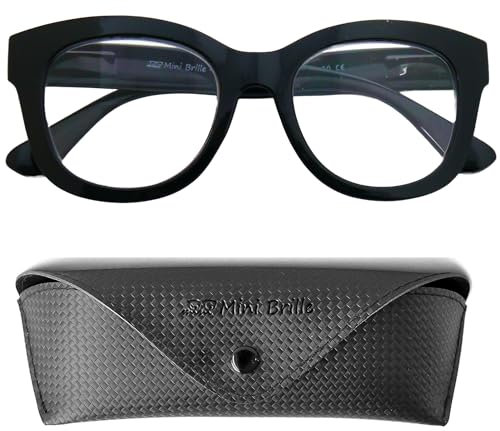 Stilvolle Retro Lesebrille Dicker Rahmen und großen Gläsern, Gratis Etui, Kunststoff Brillengestell mit Federscharnier (Schwarz), Lesehilfe Damen +2.5 Dioptrien