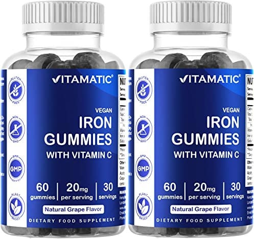 2 Pack Vitamatic Iron Gummies Supplement for Women & Men - 20mg Serving - 60 Vegan Gummies - Great Tasting Iron Gummy Vitamins with Vitamin C (Total 120 Gummies)