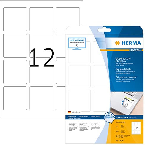 HERMA 10109 Universal Etiketten ablösbar, 800 Blatt, 60 x 60 mm, 12 pro A4 Bogen, 9600 Stück, selbstklebend, bedruckbar, matt, quadratisch, blanko Papier Klebeetiketten Aufkleber, weiß