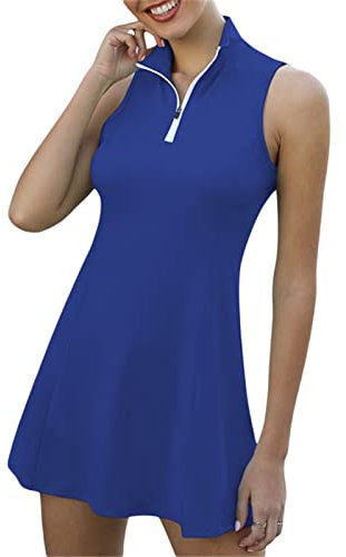 PDYLZWZY Tenniskleid für Damen, Tennis-Golf-Kleider mit eingebauten Shorts und Taschen für ärmellose sportliche Trainingskleider (Sapphire, 3XL)