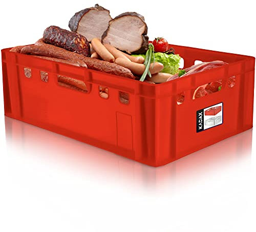 KADAX Fleischbox aus Kunststoff HDPE, Metzgerkiste 60 x 40 cm, E2 Fleischkiste mit bequemen Griffen, Kisten, Eurobox, Lagerkiste, Fleischerkiste, Transportbox (40L Rot)
