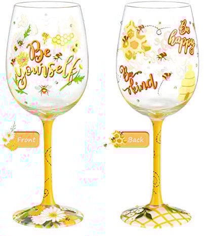NymphFable Copas Vino Colores Pintada a Mano Abeja Personalizada Copa de Vino Tinto 15 oz para Cumpleaños, Bodas, Fiestas de Compromiso (1 unidad)
