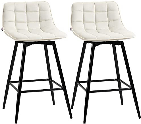 HOMCOM Set 2 Sgabelli Alti in Stile Nordico con Schienale e Poggiapiedi, Sgabelli con Schienale in Tessuto Effetto Velluto e Metallo, 45x47x84 cm, Crema