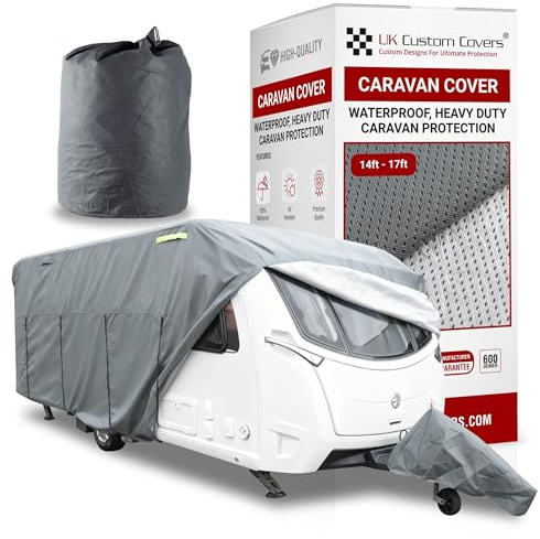 UK Custom Covers CC795GREYAD5 - Telo copri caravan a 4 strati, traspirante, resistente, con gancio di fissaggio incluso, colore: grigio, dimensioni 3,7-7,6 m