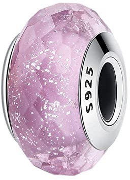 BEEUVIP Damen Rosa Glasperle Charm Anhänger für Armband 925 Sterling Silber Geburtsstein Charms Beads passend für Armband