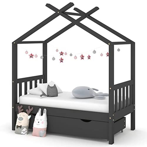 INLIFE Kinderbett mit Schublade Dunkelgrau Massivholz Kiefer 70x140 cm,Grau,22.6KG