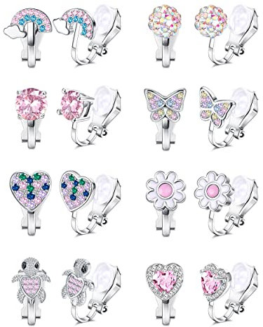 CASSIECA 8 Paare Ohrclips für Mädchen Clip On Ohrring Kinder No Piercings Ohrringe Blumen Schmetterlinge Katzenpfoten Sterne Herz Hypoallergen Ohrringe Zirkon Mädchen Verkleiden Sich Schmuck