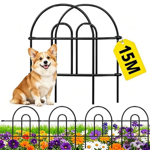 Amagabeli Garden Fence Pre-Linking Decorative Metal Fencing 46cm(H) x 43cm(L) (35 Panels, Total Length 15.3m), Dog Fence Panels Outdoor Animal Barrier for Flower Bed Yard Patio, Black