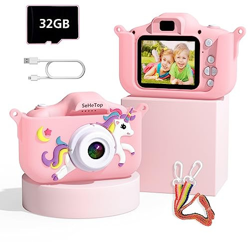 SeHeTop Appareils Photo Numériques Enfant, 1080P HD Appareil Photo Enfant, Mini Caméra Jouet Rechargeable Caméscope, Cadeau pour Filles et Garçons 3-10 Ans avec écran de 2.0 Pouces, 32G SD Carte