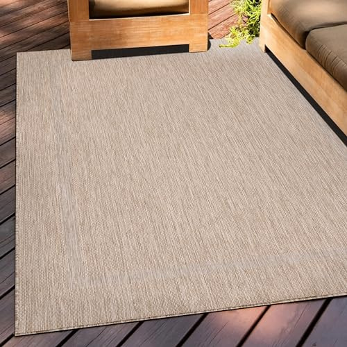 Teppium Outdoor Teppich Wetterfest 120 x 170 cm Beige Sisal Optik - Küchenteppich Waschbar rutschfest, Wasserfest, Bordüre, Pflegeleicht - Ideal für Balkon, Terassen, Garten, Camping oder Küche