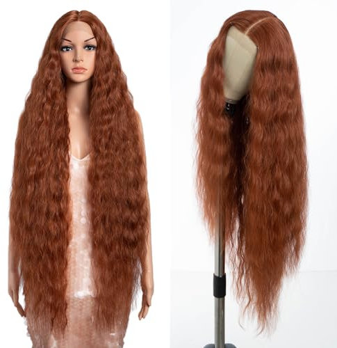Style Icon rötlichbraun Super lange Lace Front Perücke - 104 cm lange lockige Perücke für Damen - Synthetische Spitzenperücke mit T-Part und Hitzebeständiger Faser