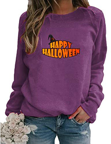 Messer Halloween Sweater Damen Elegant Sweater Lässige Herbst Katze Polyester Mit Gummizu Top for Female Langarm Rundhals Bequemer Grosse Groessen Lila