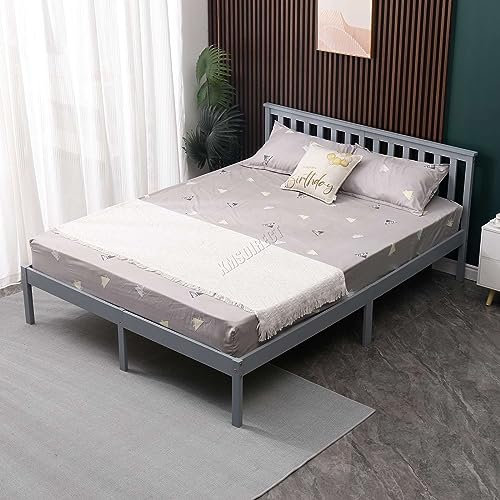 WestWood Double Bed Solid Pine Frame Headboard Durable Shaker Style Low Foot End Wooden Platform With Wood Slat Support Bedroom Furniture Strong Support Legs Adults Kids Teenagers Grey