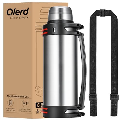 Olerd Termo de 6,0 l, termo de acero inoxidable, termo con 2 vasos, aislamiento de doble pared, botella de agua con correa para el hombro y asa, 24 horas caliente y frío (plata)