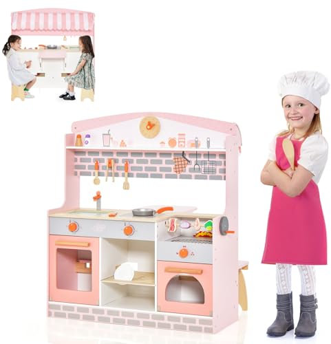 COSTWAY Cucina e Ristorante per Bambini 2 in 1, Cucina Multifunzionale con Tavolo e Sedie Pieghevoli, Con Piano Cottura, Rubinetto, Forno e Grill, per Bambini 3 Anni+, 82,5 x 54,5 x 91 cm