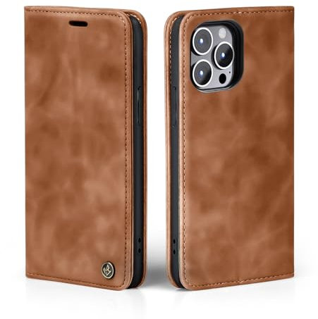 LBH Handyhülle für Apple iPhone 15 Pro in Hellbraun mit Karten- und Geldfach Smartphone Hülle mit Standfunktion Flip Case Schutzhülle Magnetverschluss Vintage